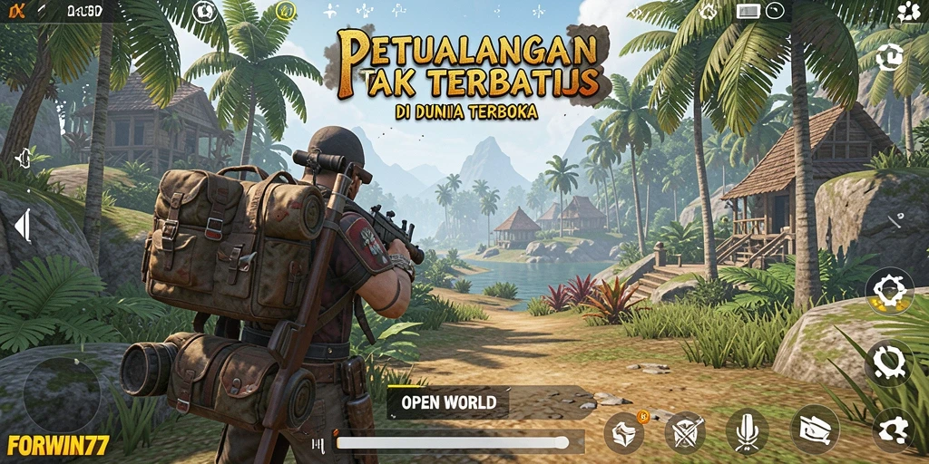 Screenshot utama FORWIN77 yang menampilkan dunia terbuka yang luas dan detail.